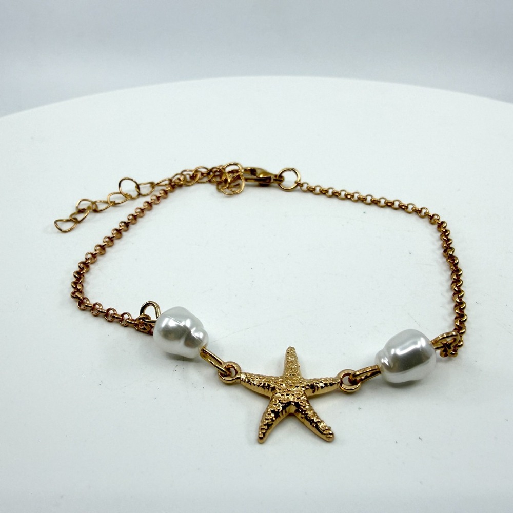 Gold Tone Starfish Bracelet Coastal Beach Jewelry White Pearl Accent Trendy Gift